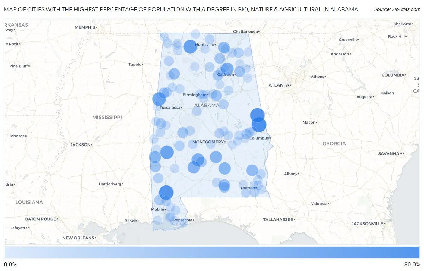 Cities with the Highest Percentage of Population with a Degree in Bio, Nature & Agricultural in Alabama Map