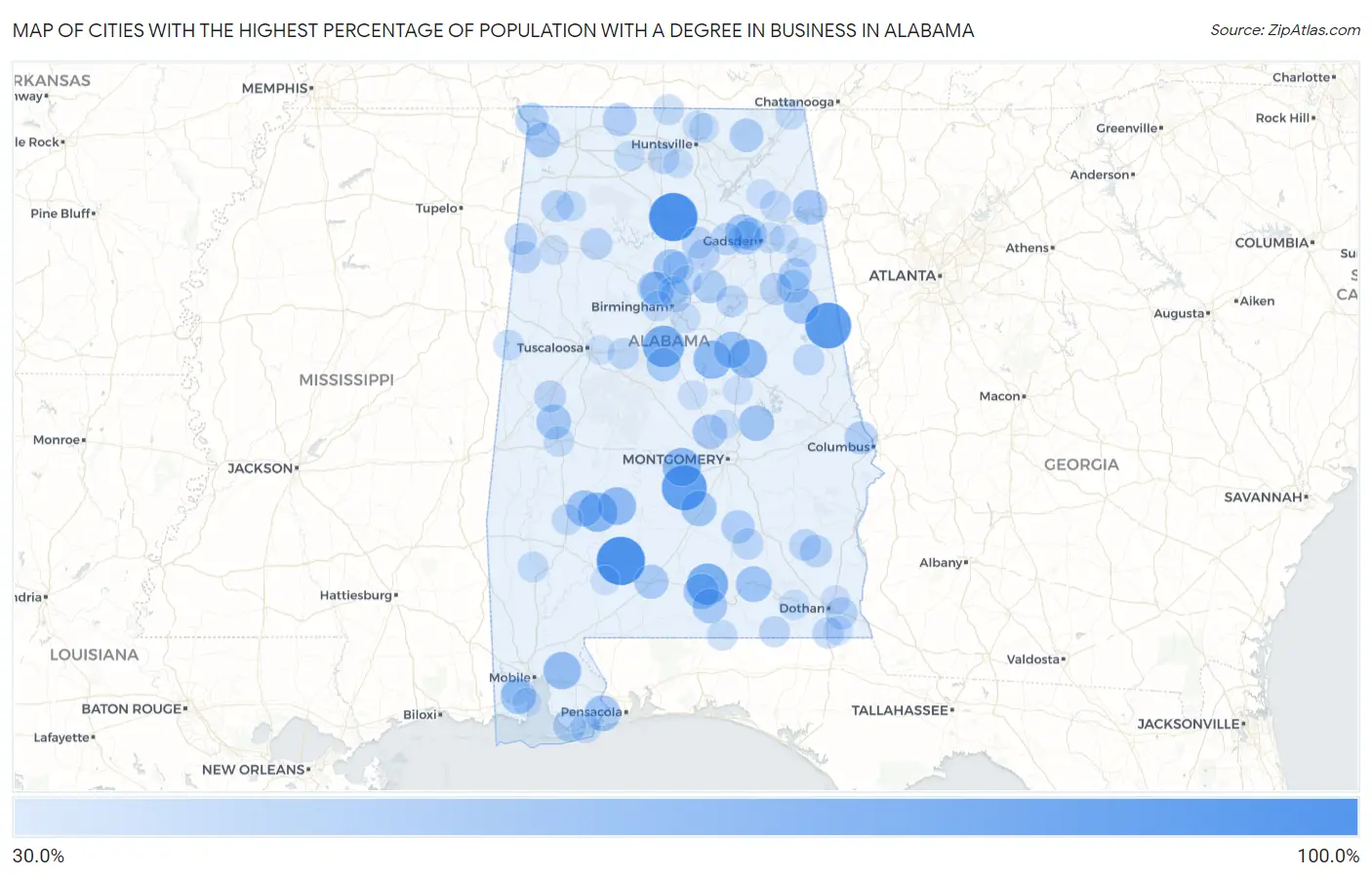 Cities with the Highest Percentage of Population with a Degree in Business in Alabama Map