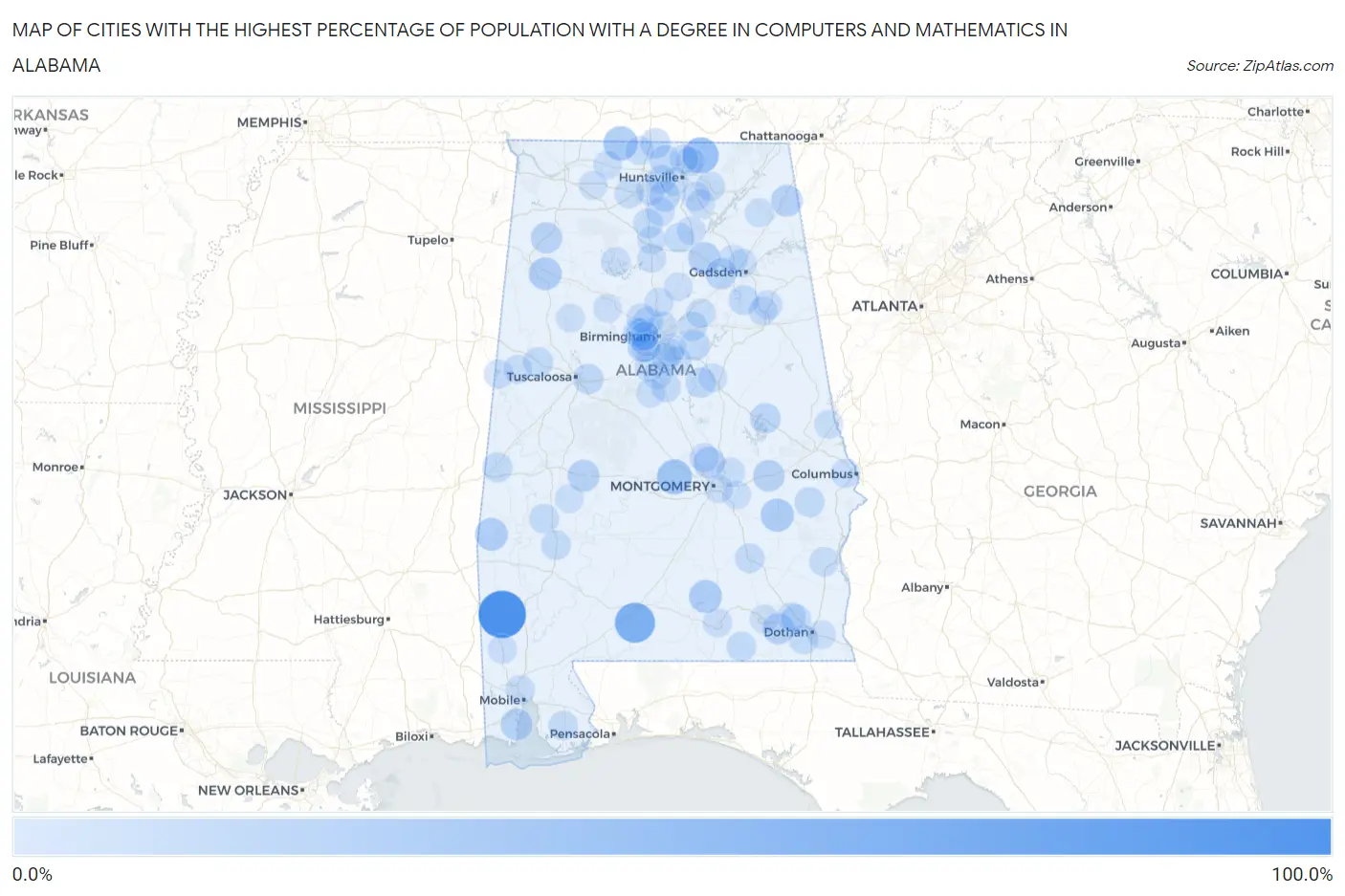 Cities with the Highest Percentage of Population with a Degree in Computers and Mathematics in Alabama Map