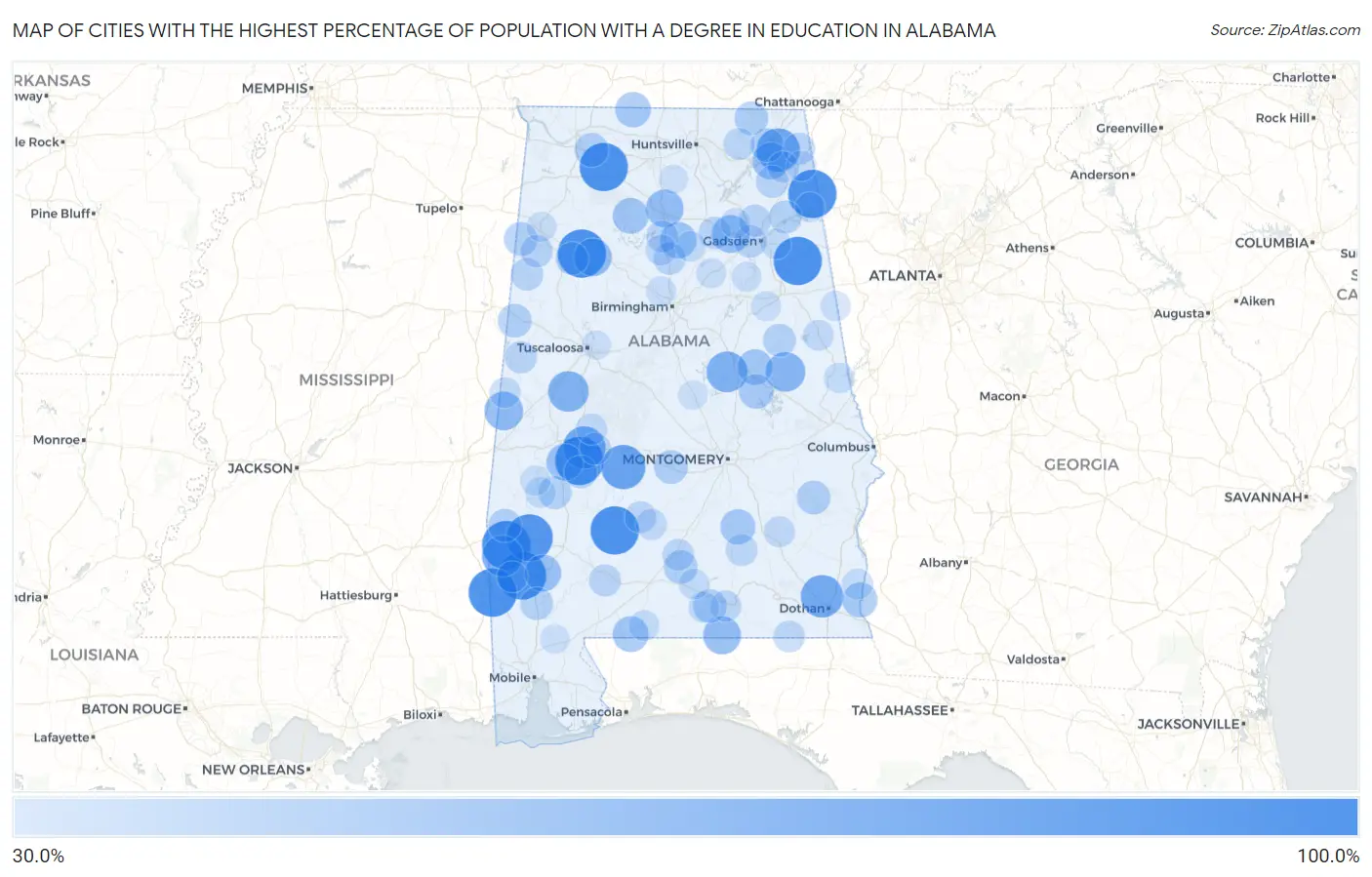 Cities with the Highest Percentage of Population with a Degree in Education in Alabama Map