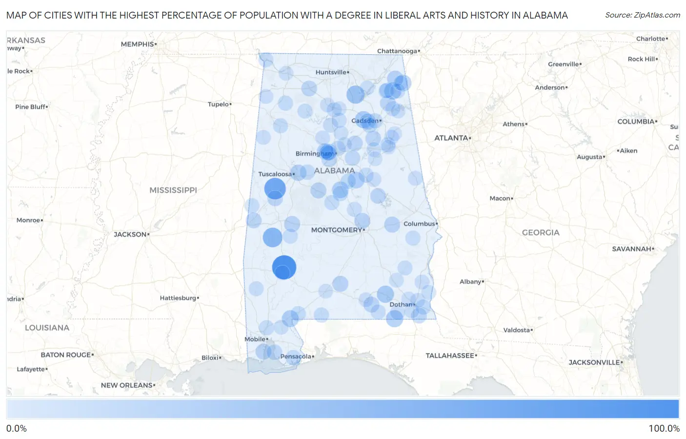Cities with the Highest Percentage of Population with a Degree in Liberal Arts and History in Alabama Map