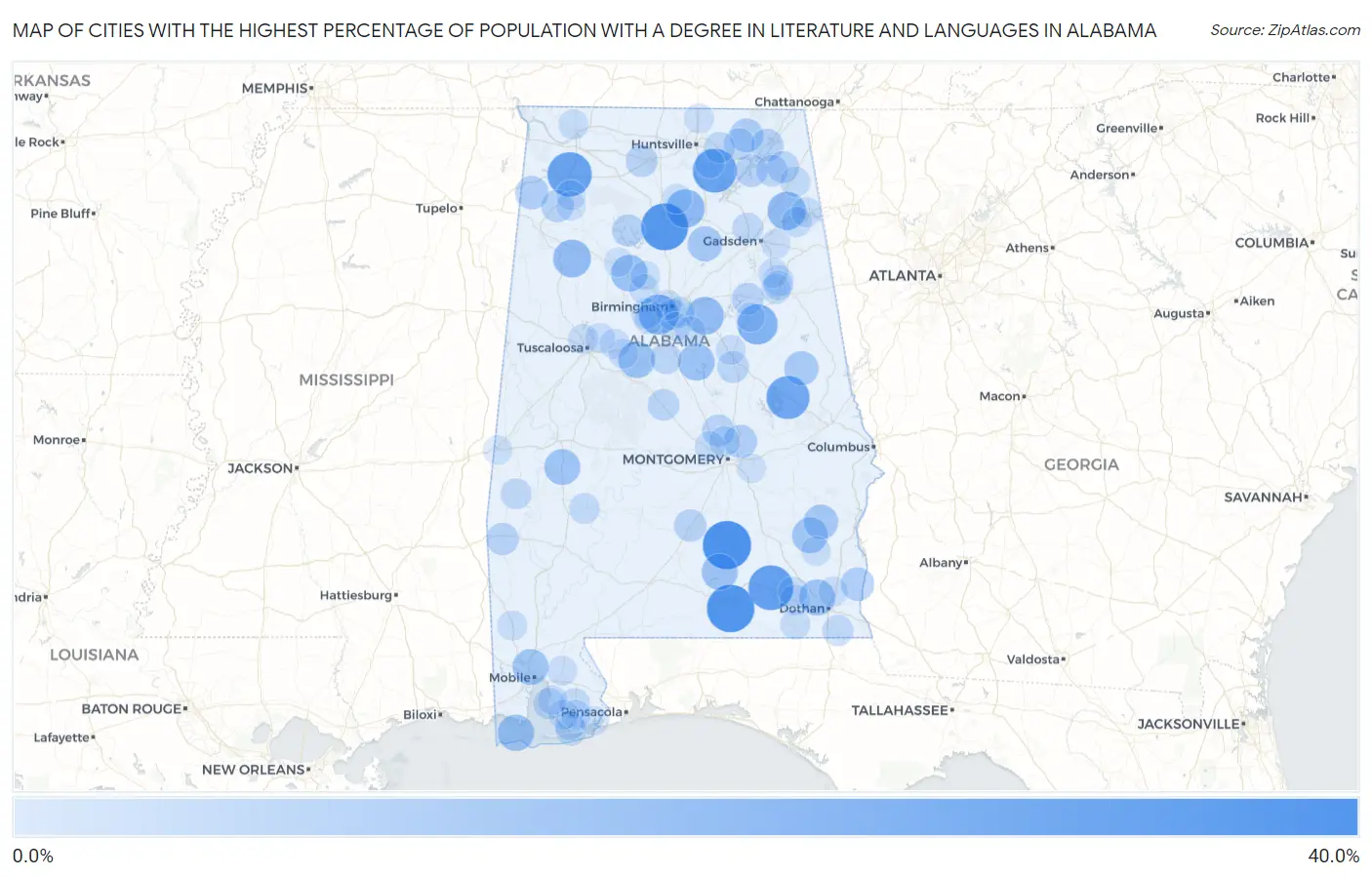 Cities with the Highest Percentage of Population with a Degree in Literature and Languages in Alabama Map