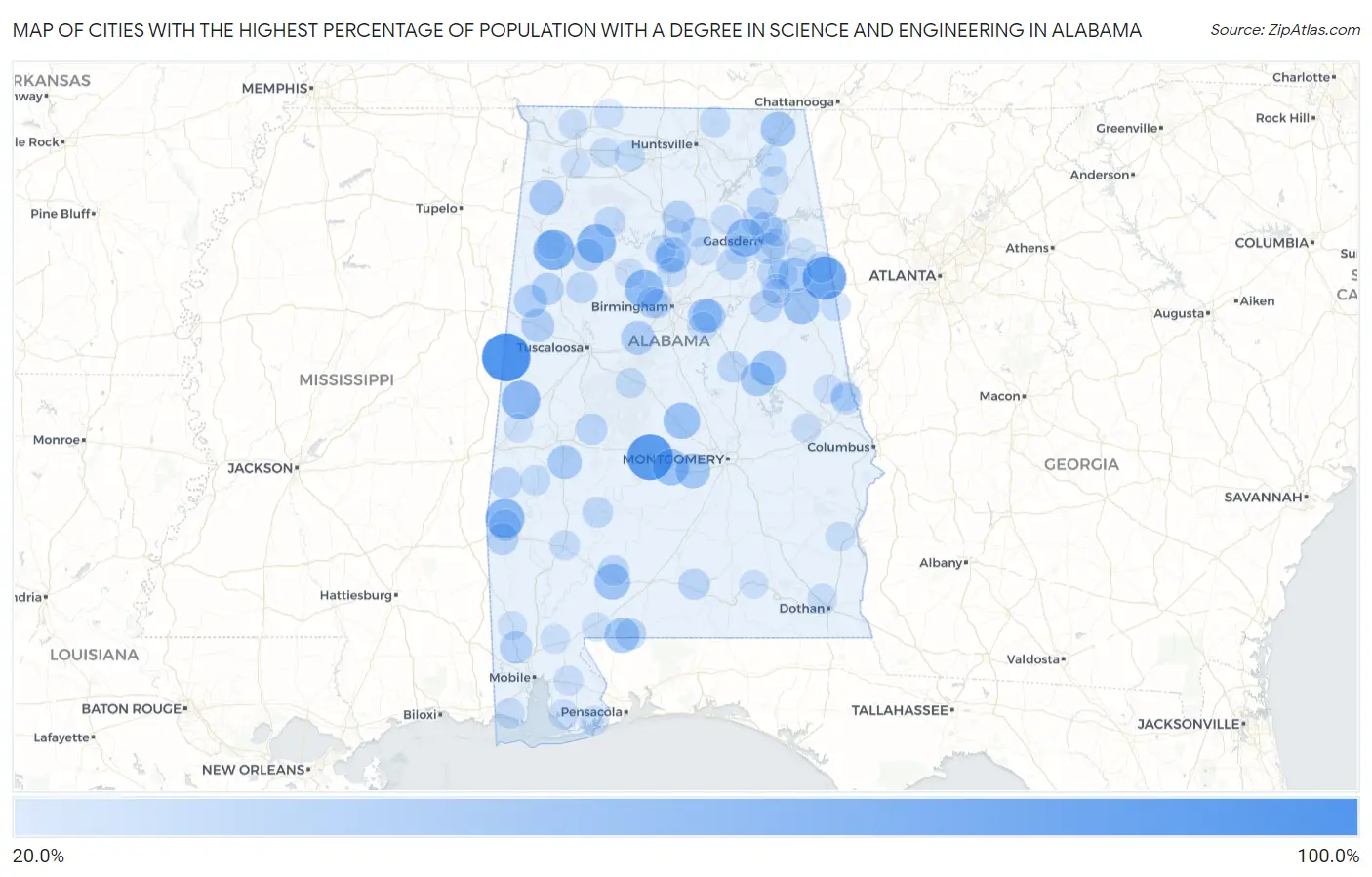 Cities with the Highest Percentage of Population with a Degree in Science and Engineering in Alabama Map