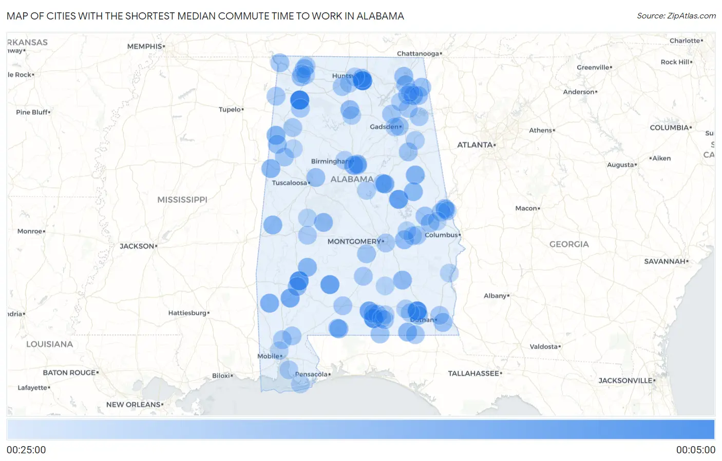 Cities with the Shortest Median Commute Time to Work in Alabama Map