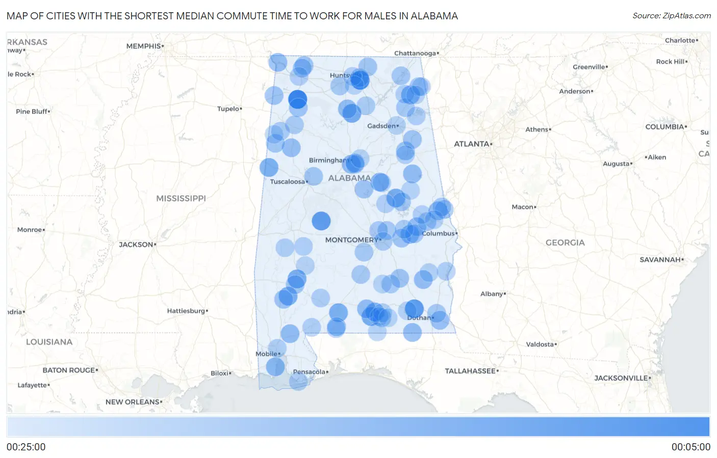 Cities with the Shortest Median Commute Time to Work for Males in Alabama Map