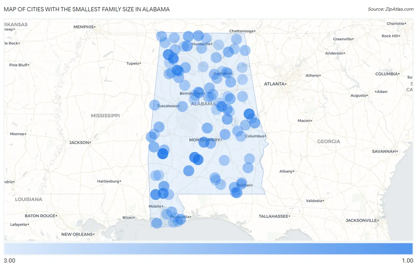 Cities with the Smallest Family Size in Alabama Map