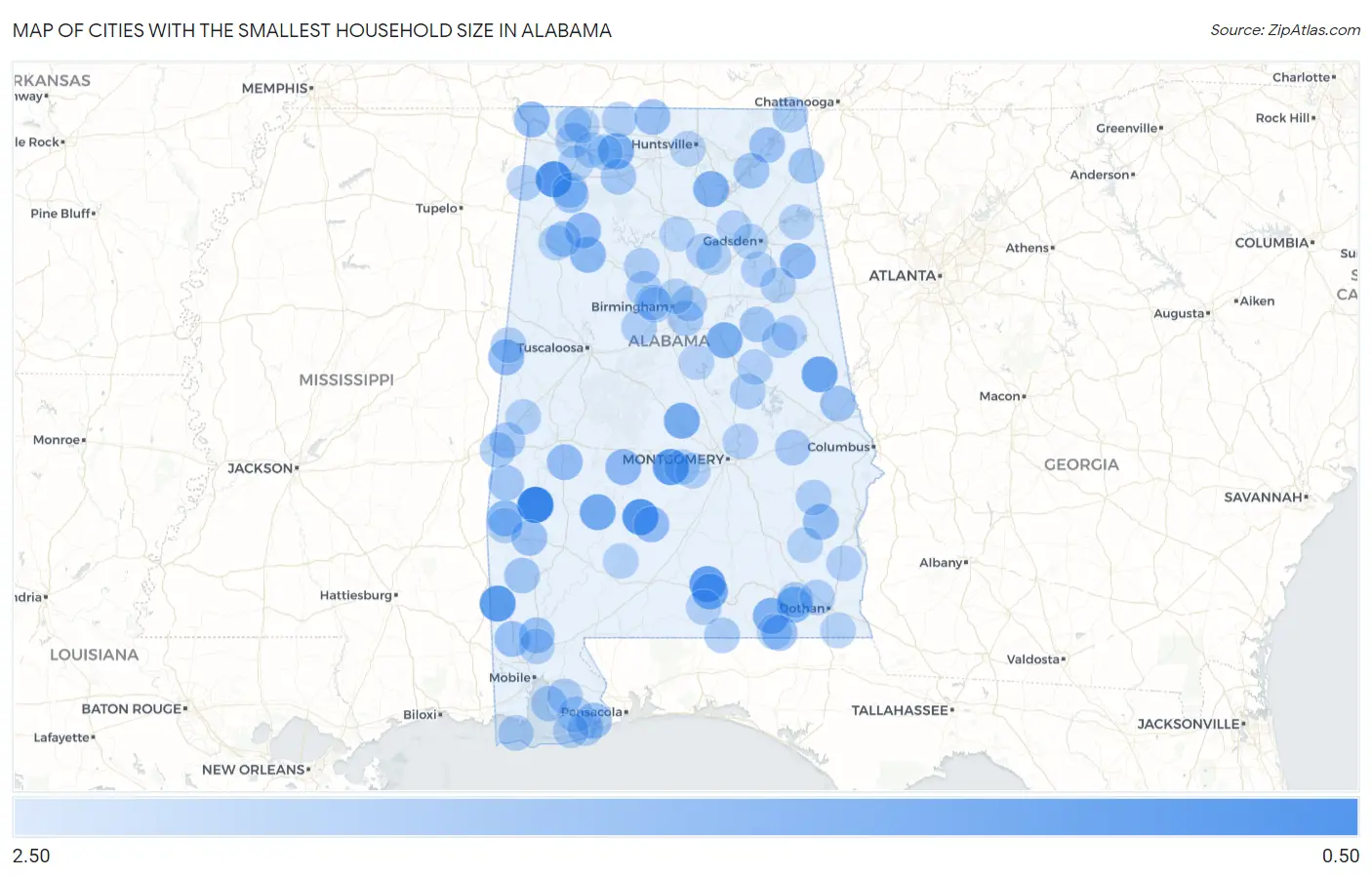 Cities with the Smallest Household Size in Alabama Map