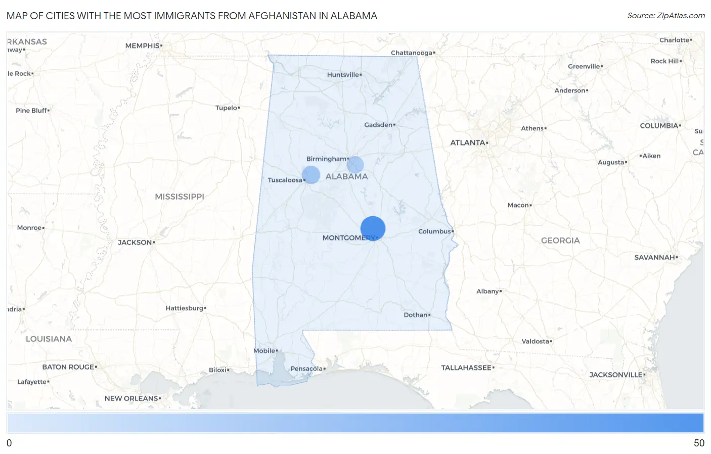 Cities with the Most Immigrants from Afghanistan in Alabama Map