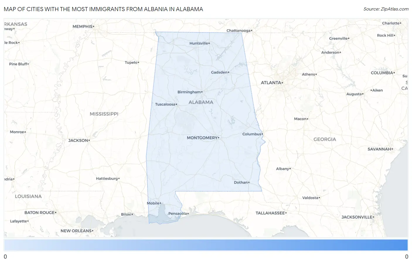 Cities with the Most Immigrants from Albania in Alabama Map
