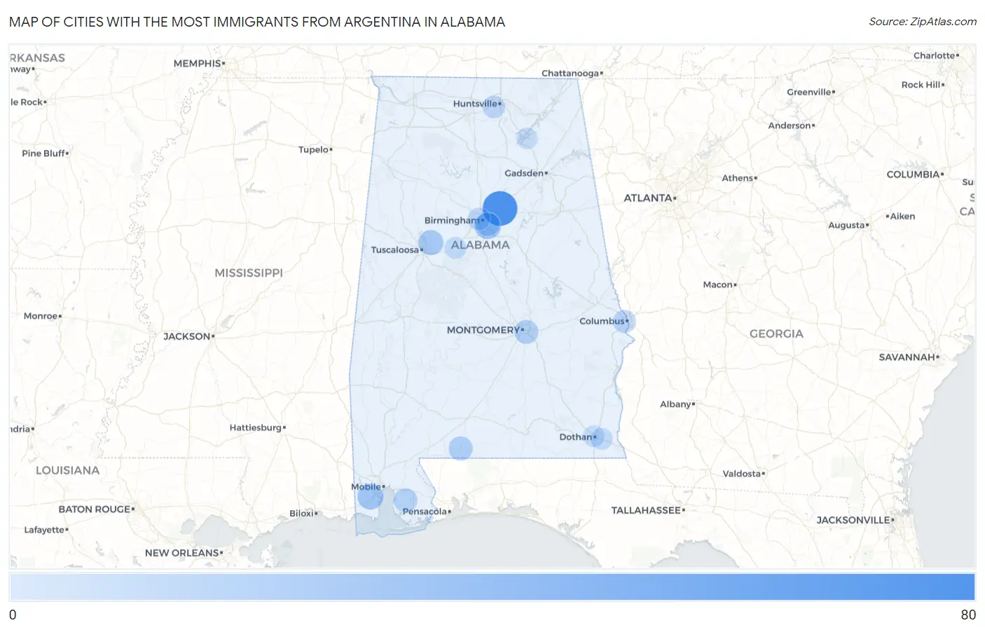 Cities with the Most Immigrants from Argentina in Alabama Map