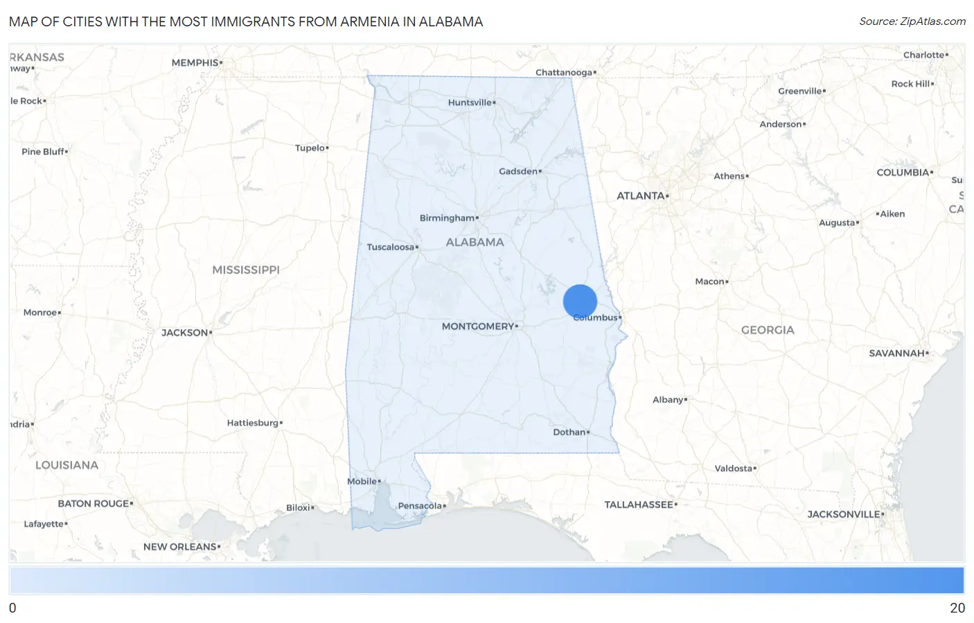 Cities with the Most Immigrants from Armenia in Alabama Map