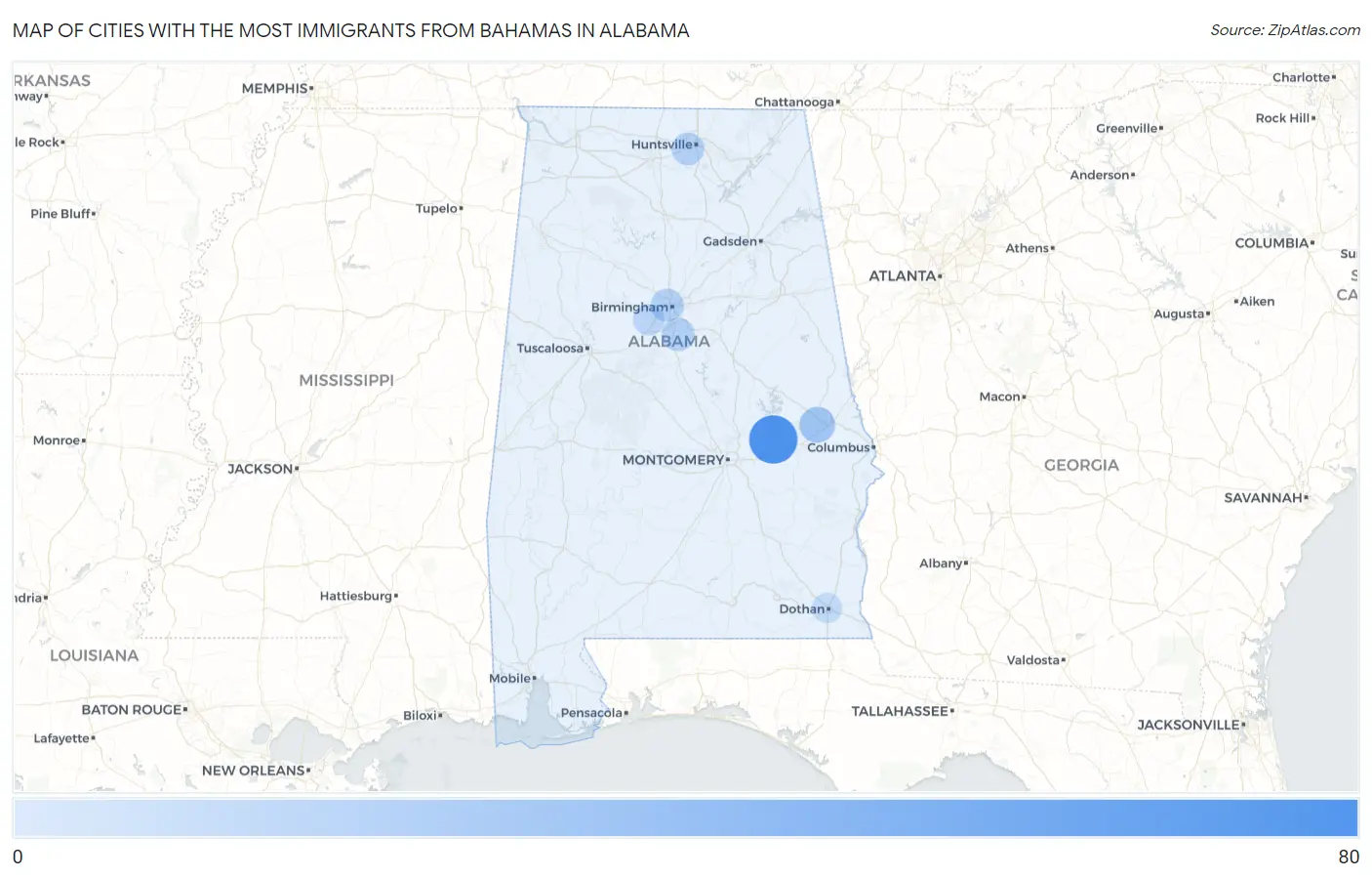 Cities with the Most Immigrants from Bahamas in Alabama Map