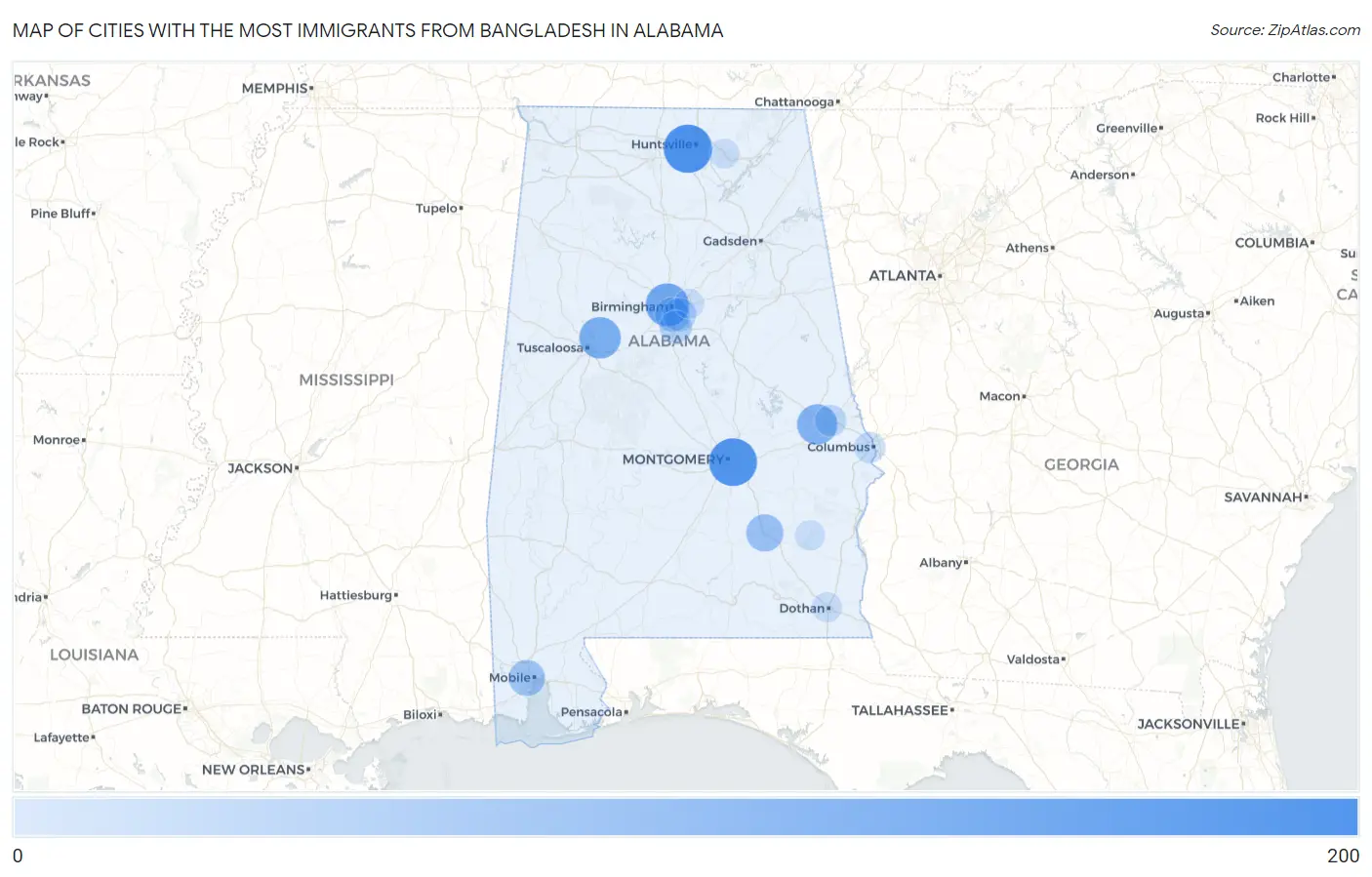 Cities with the Most Immigrants from Bangladesh in Alabama Map