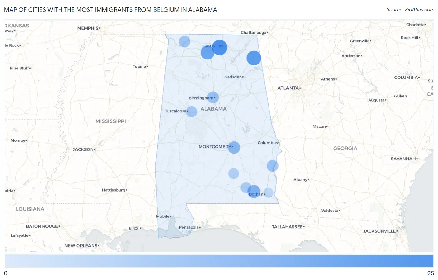 Cities with the Most Immigrants from Belgium in Alabama Map