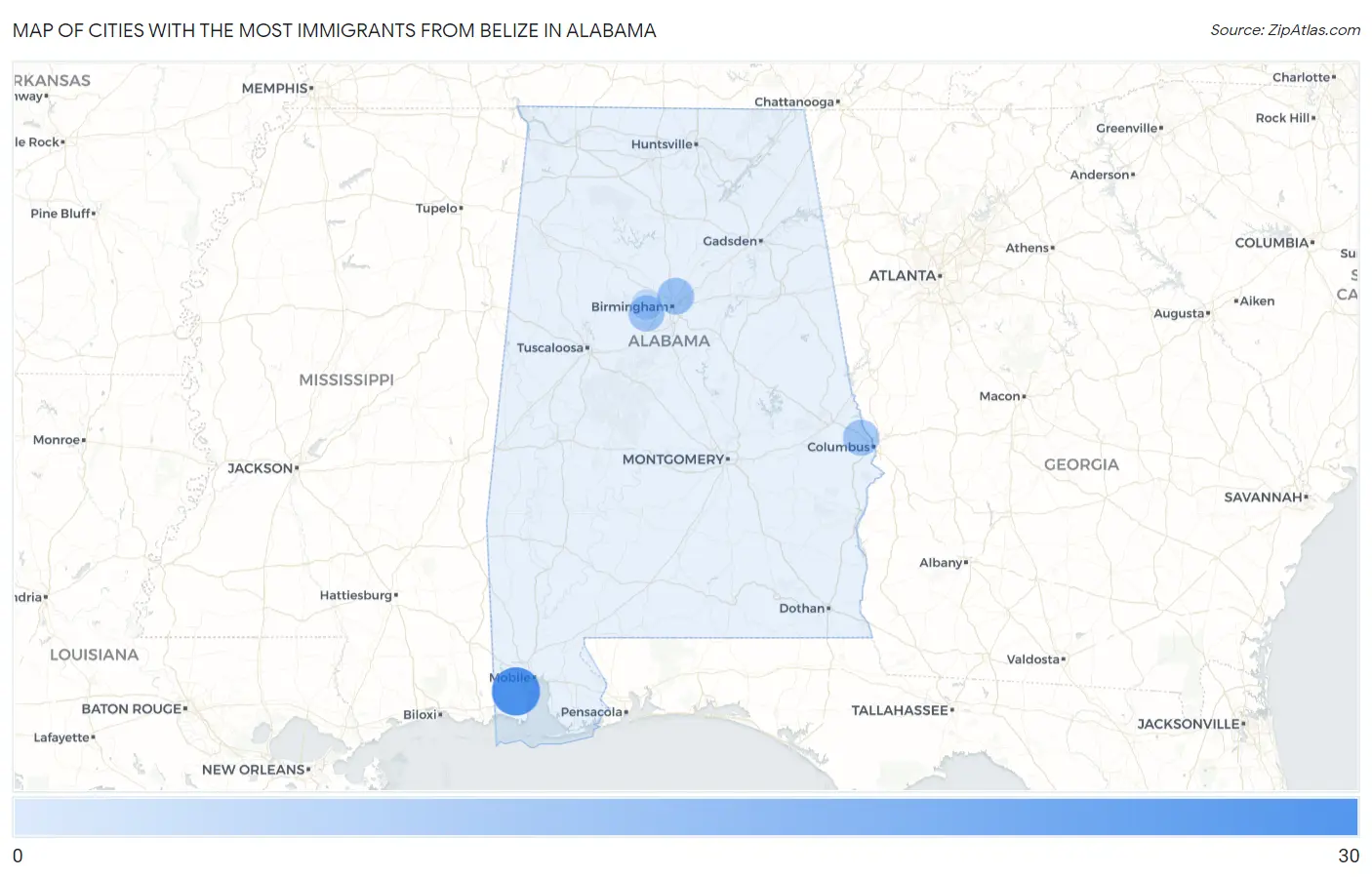 Cities with the Most Immigrants from Belize in Alabama Map