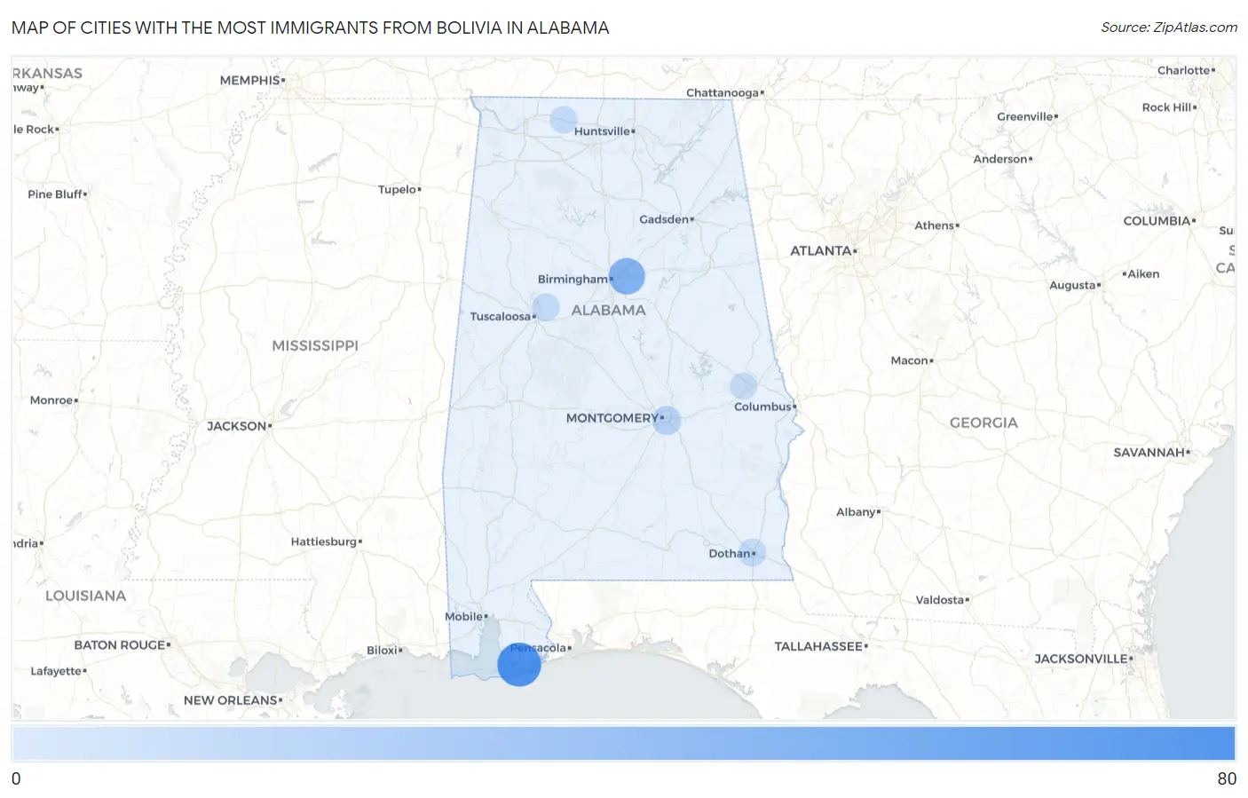 Cities with the Most Immigrants from Bolivia in Alabama Map