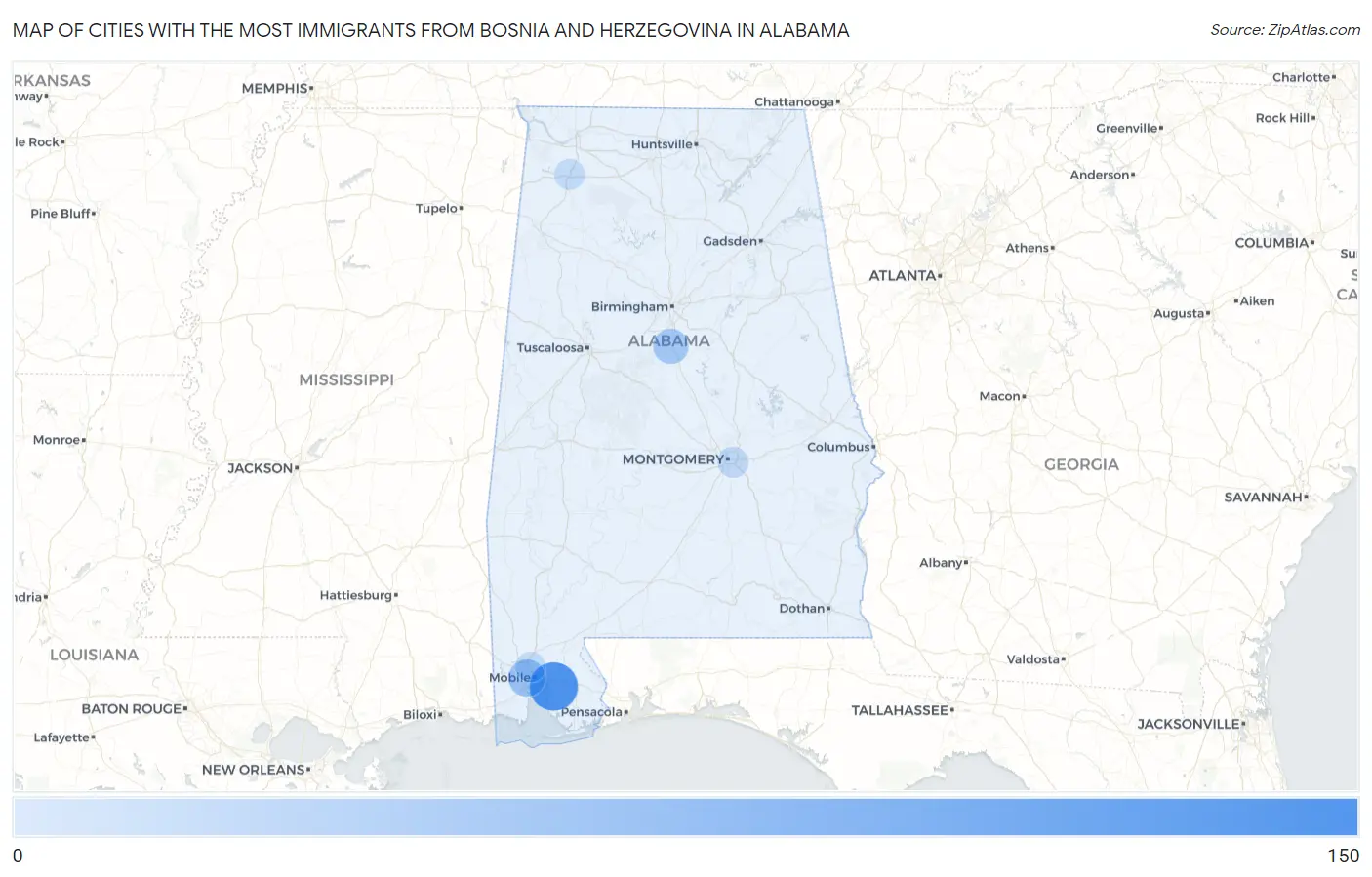Cities with the Most Immigrants from Bosnia and Herzegovina in Alabama Map