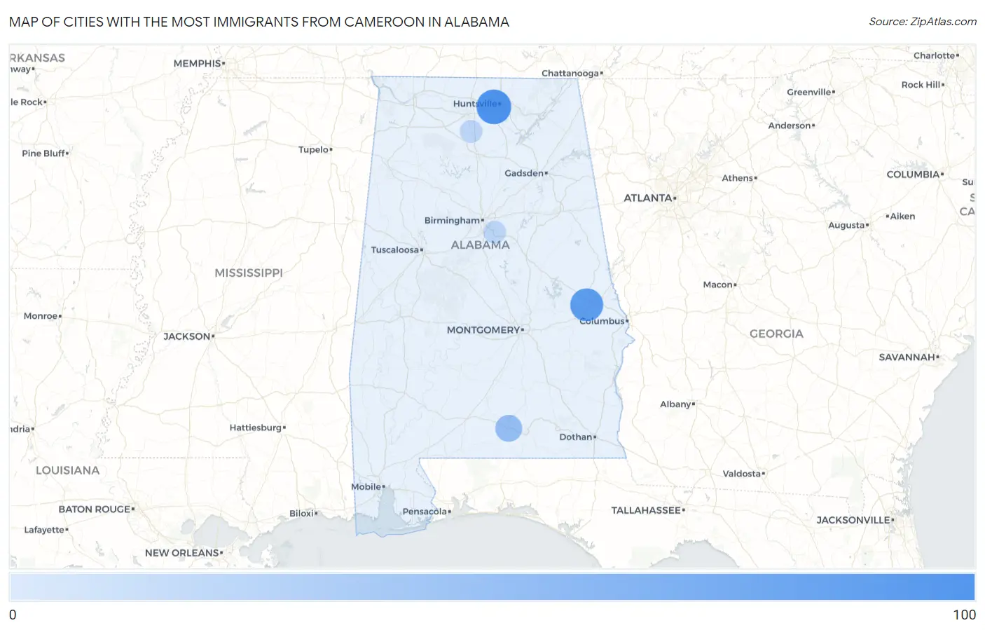 Cities with the Most Immigrants from Cameroon in Alabama Map