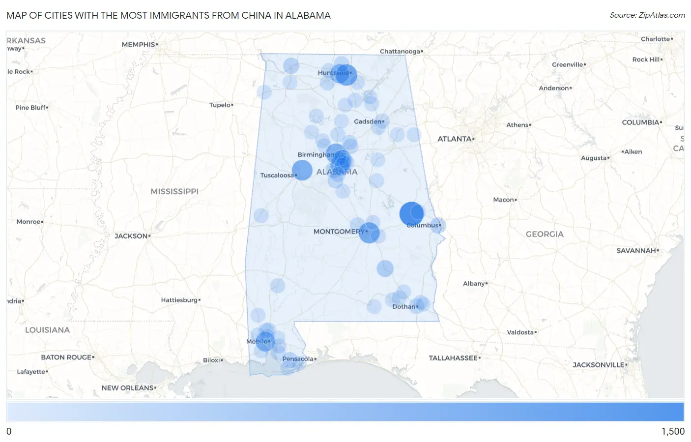 Cities with the Most Immigrants from China in Alabama Map