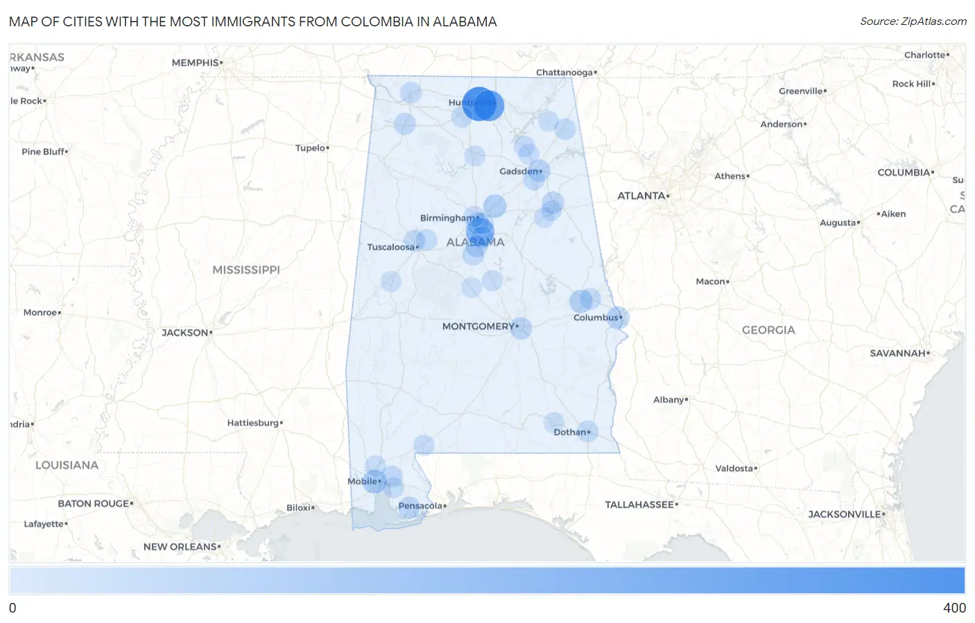 Cities with the Most Immigrants from Colombia in Alabama Map