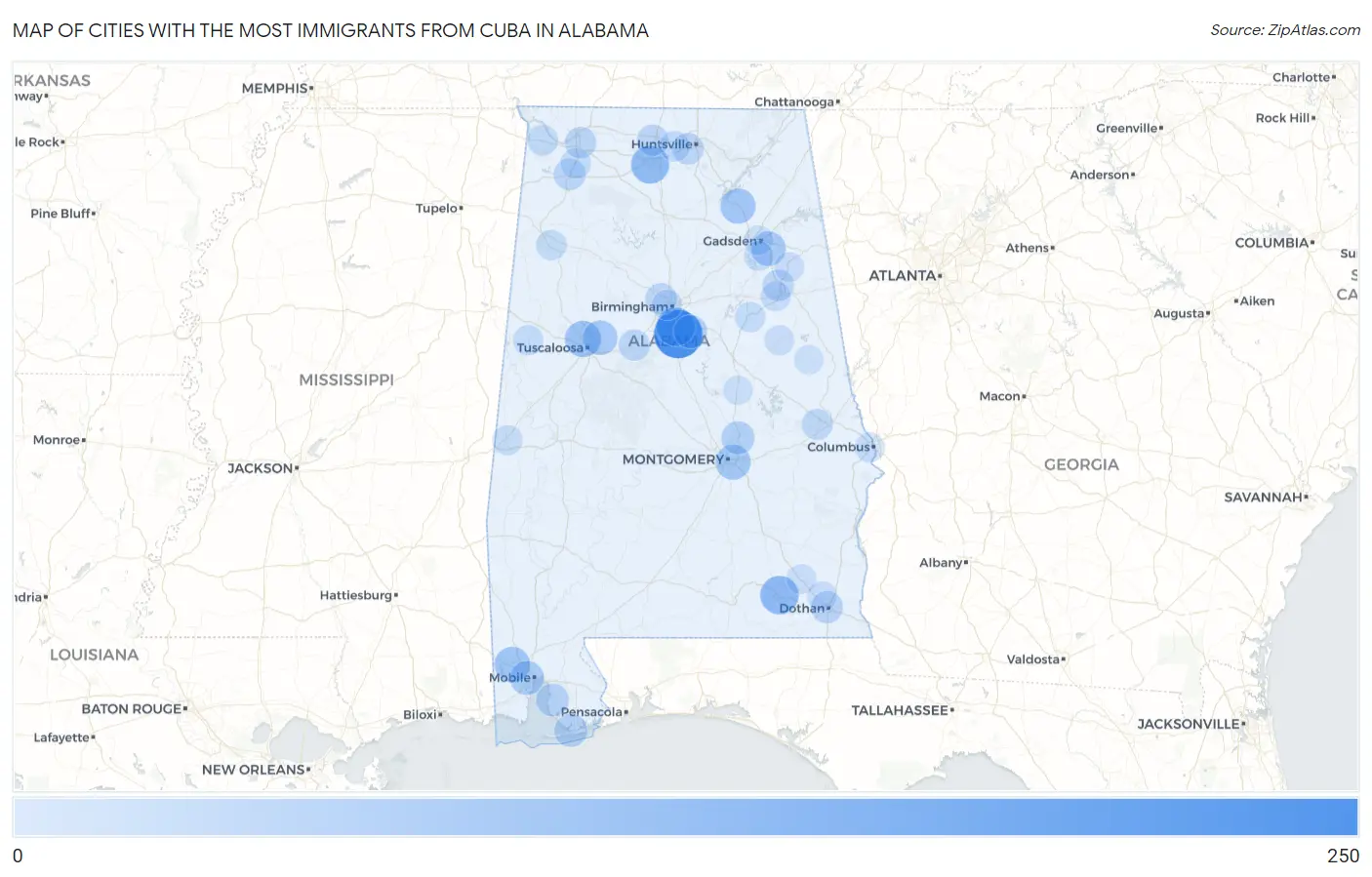 Cities with the Most Immigrants from Cuba in Alabama Map