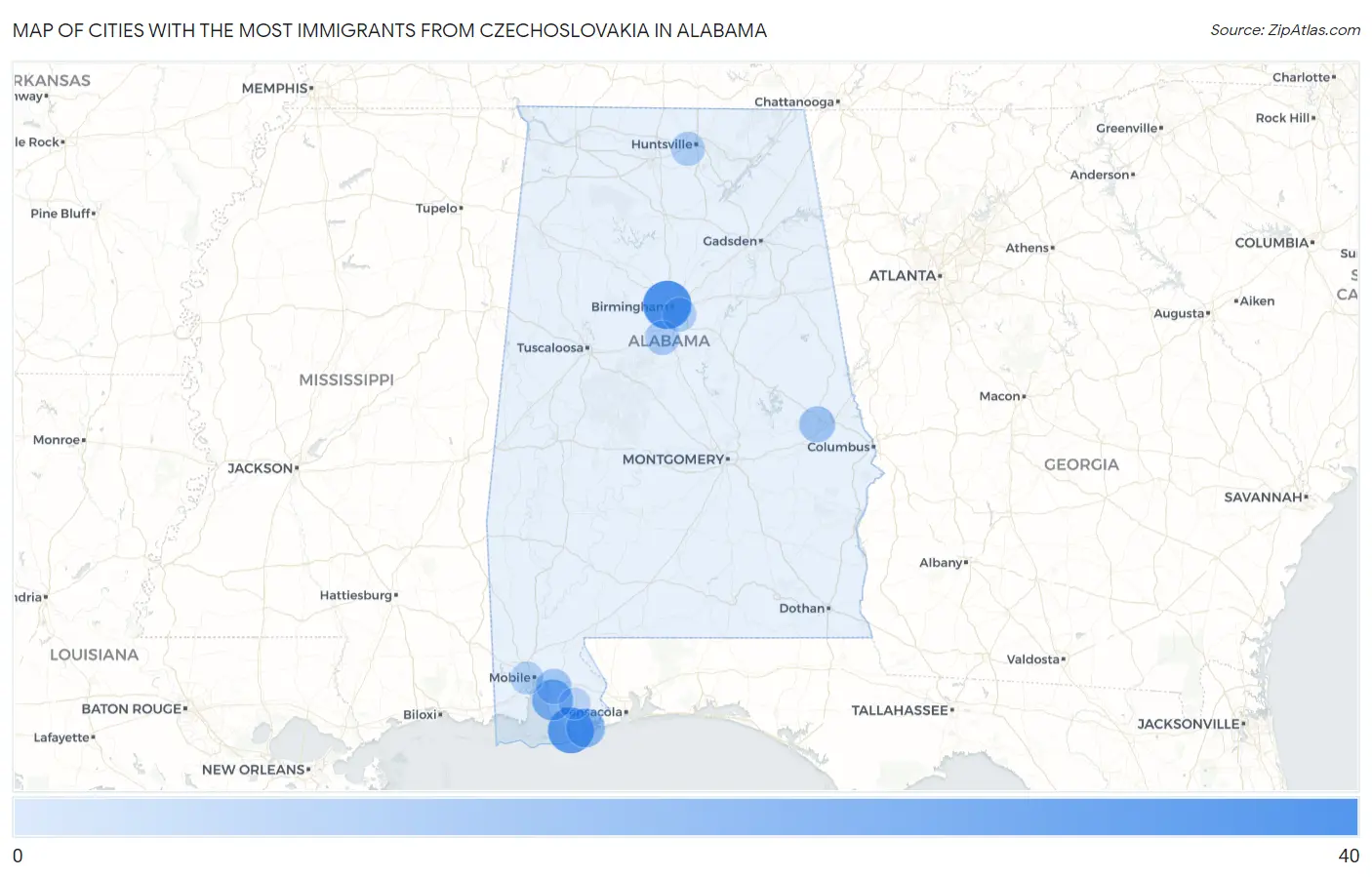 Cities with the Most Immigrants from Czechoslovakia in Alabama Map