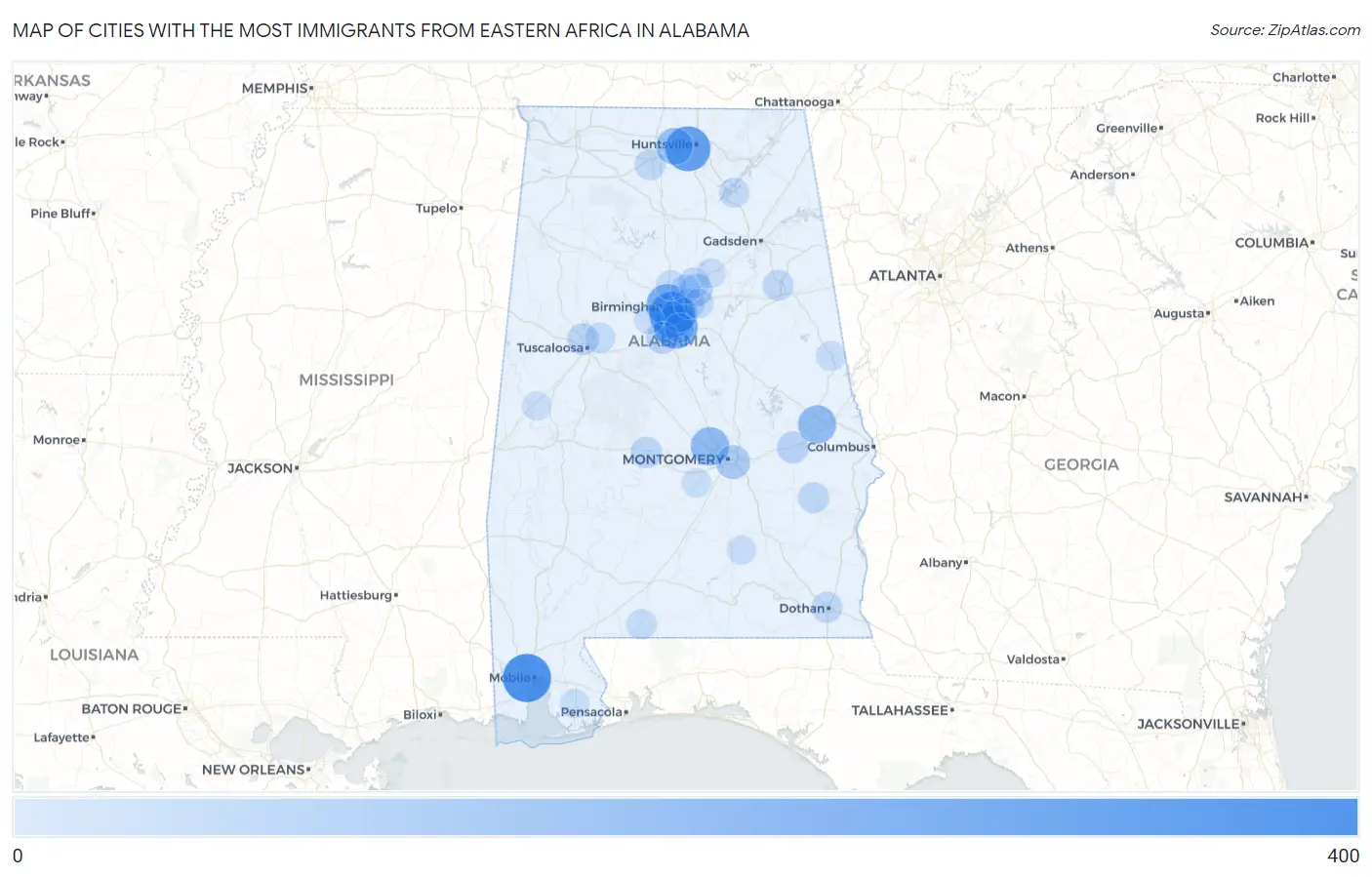 Cities with the Most Immigrants from Eastern Africa in Alabama Map