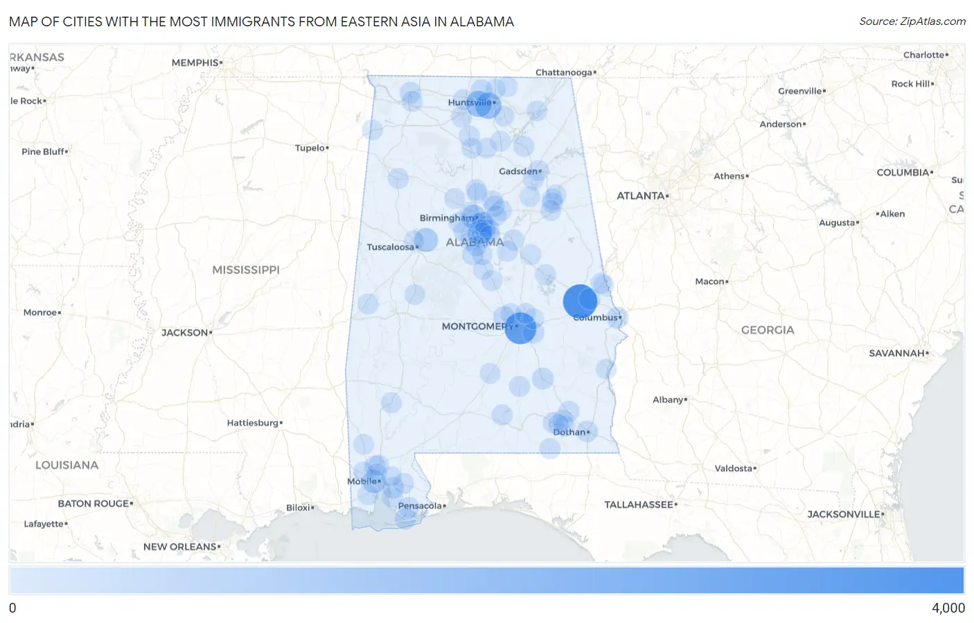Cities with the Most Immigrants from Eastern Asia in Alabama Map