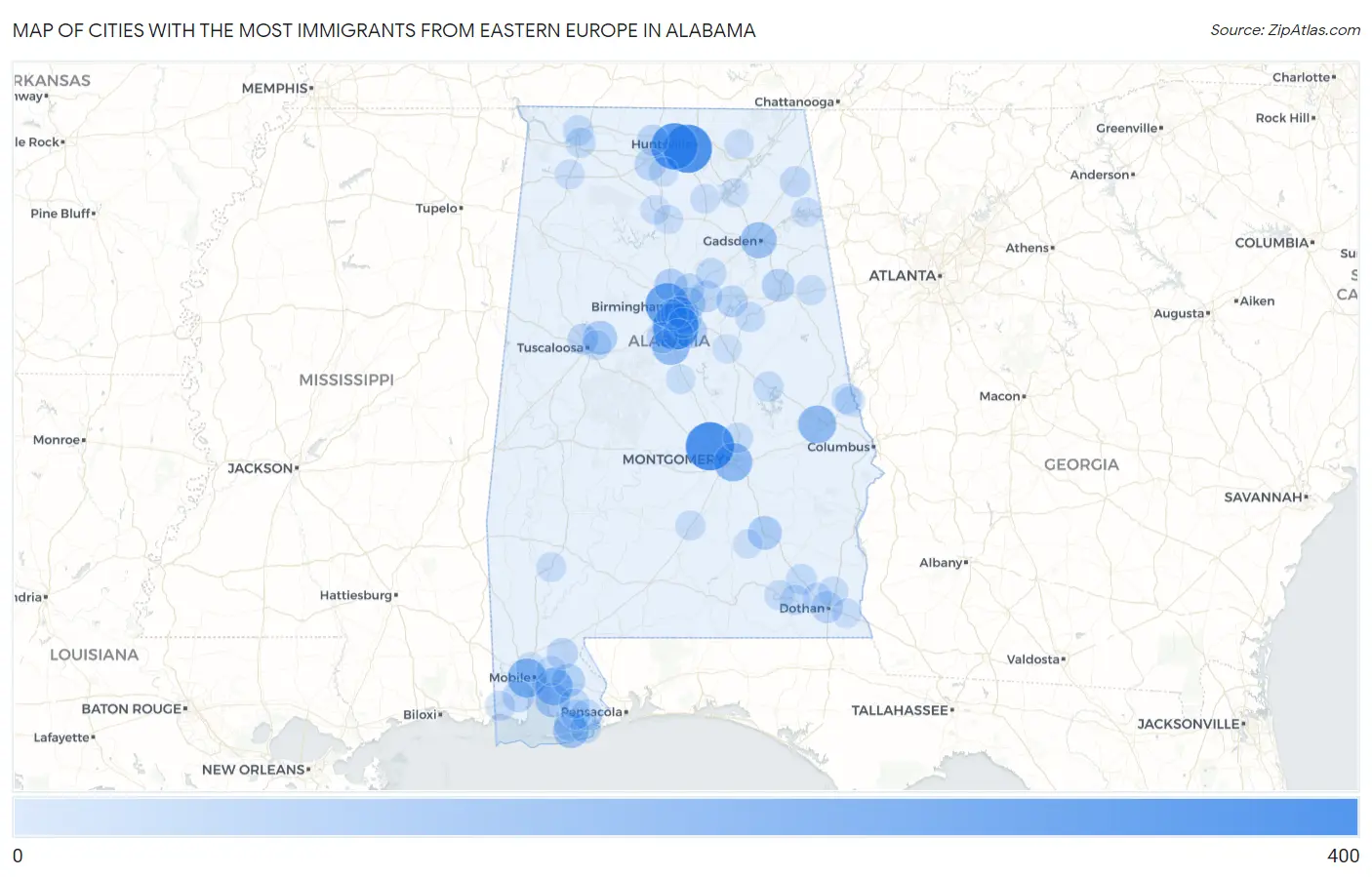 Cities with the Most Immigrants from Eastern Europe in Alabama Map