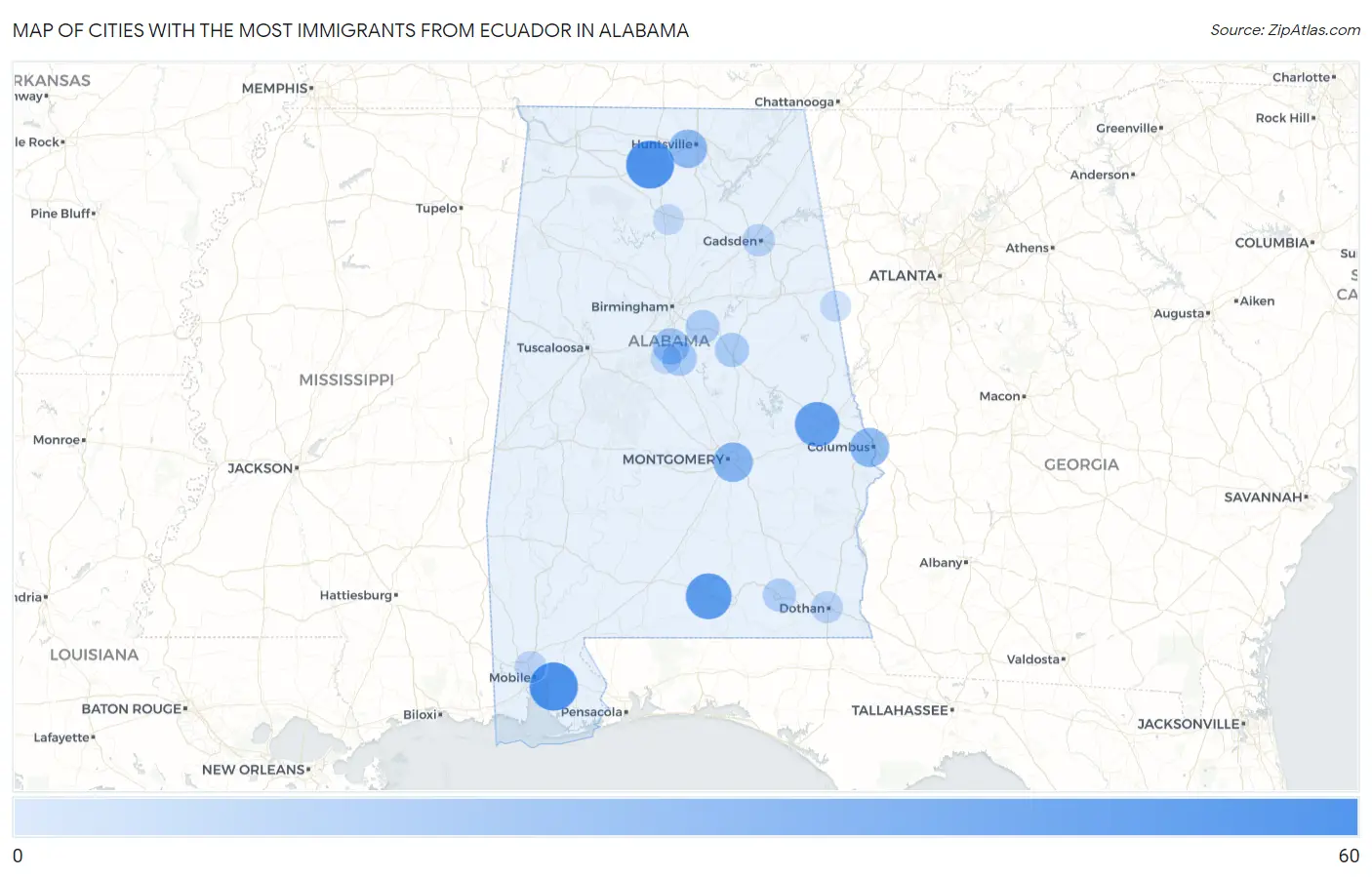 Cities with the Most Immigrants from Ecuador in Alabama Map