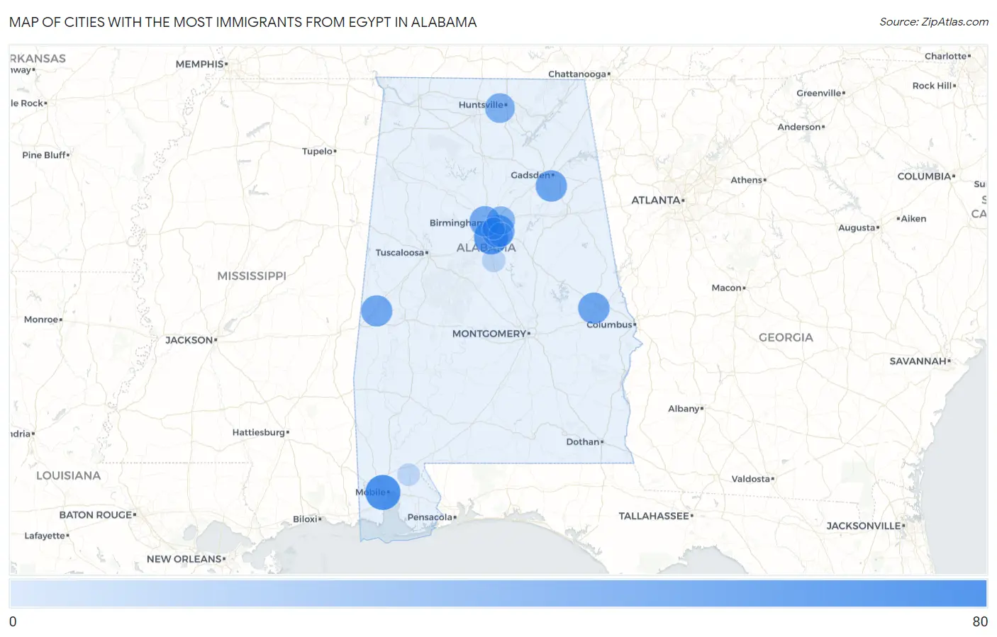Cities with the Most Immigrants from Egypt in Alabama Map