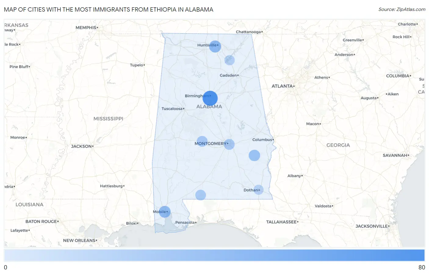 Cities with the Most Immigrants from Ethiopia in Alabama Map