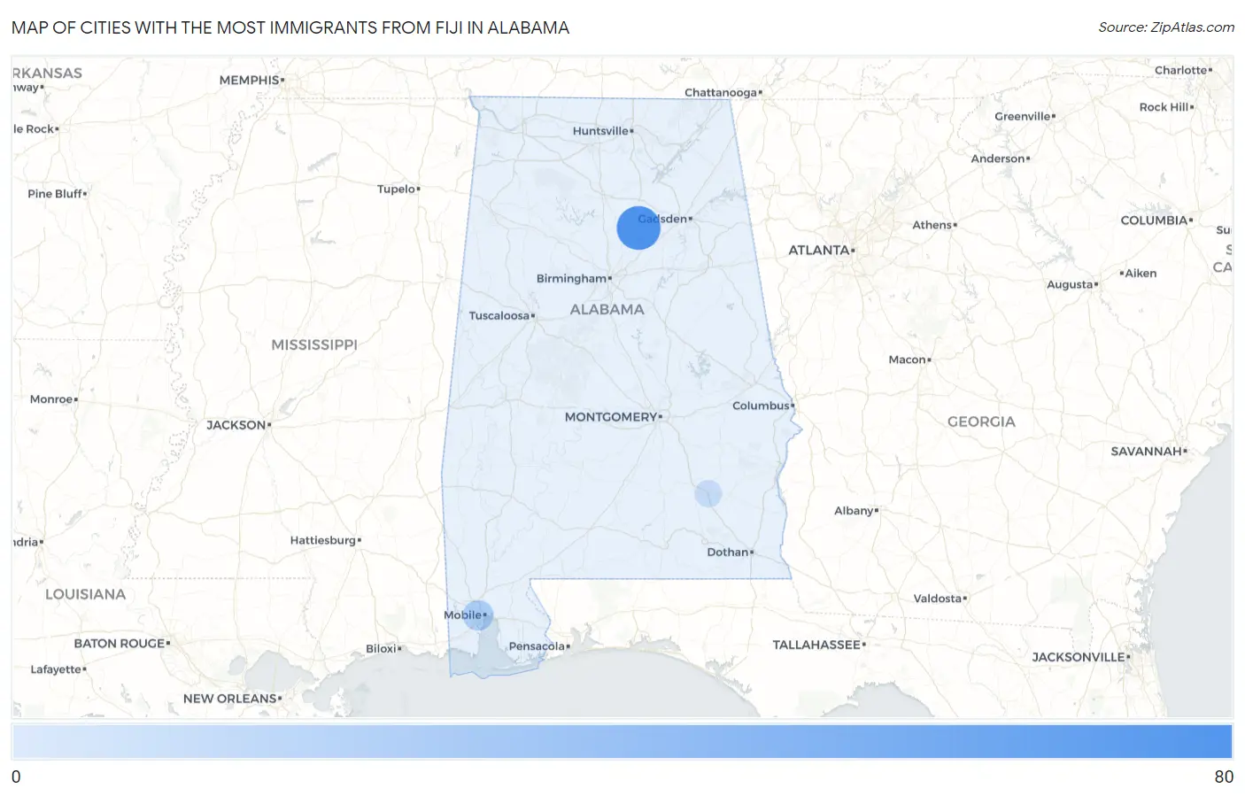 Cities with the Most Immigrants from Fiji in Alabama Map
