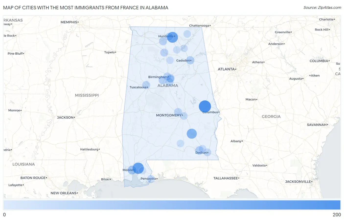 Cities with the Most Immigrants from France in Alabama Map