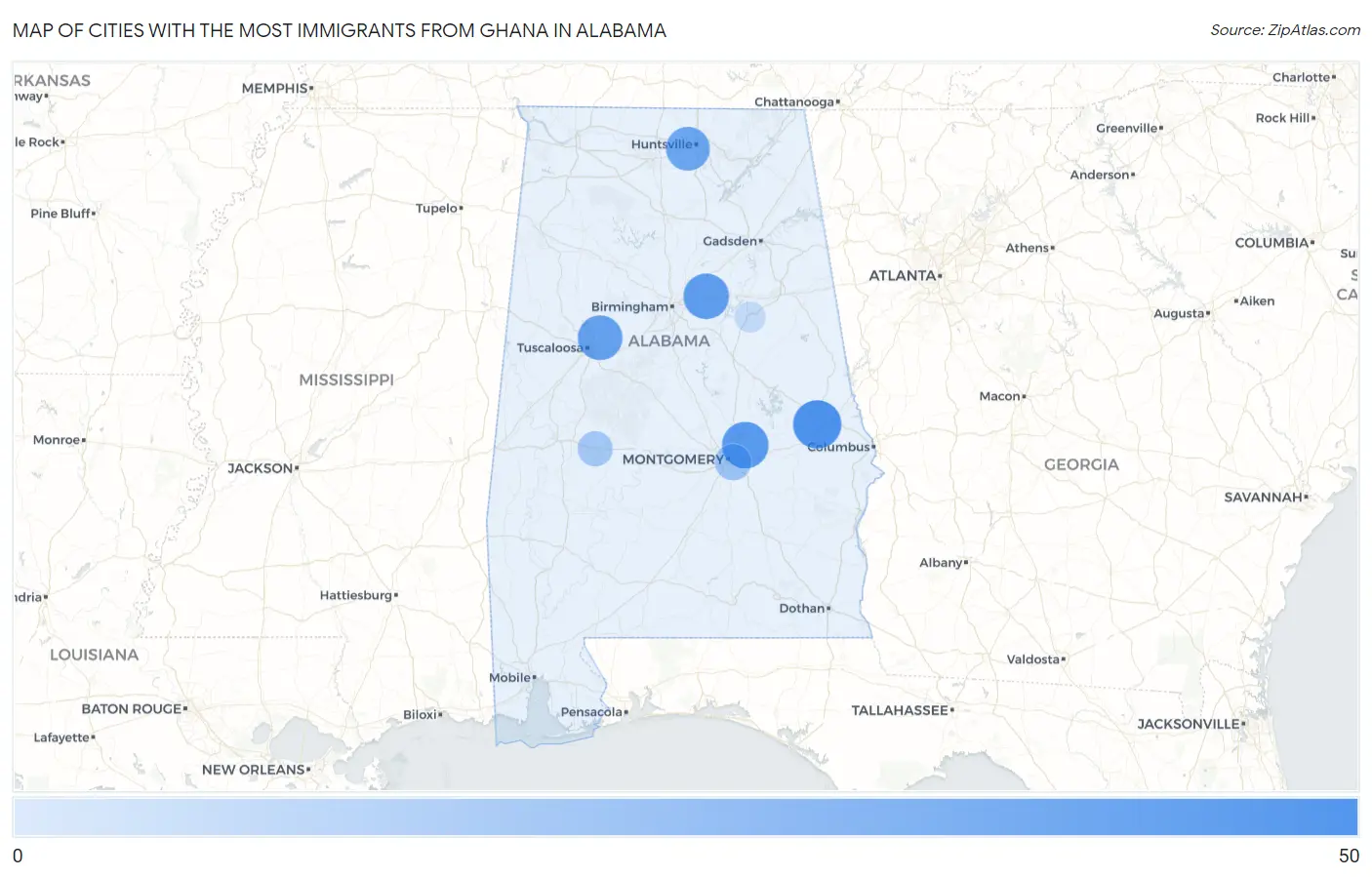 Cities with the Most Immigrants from Ghana in Alabama Map