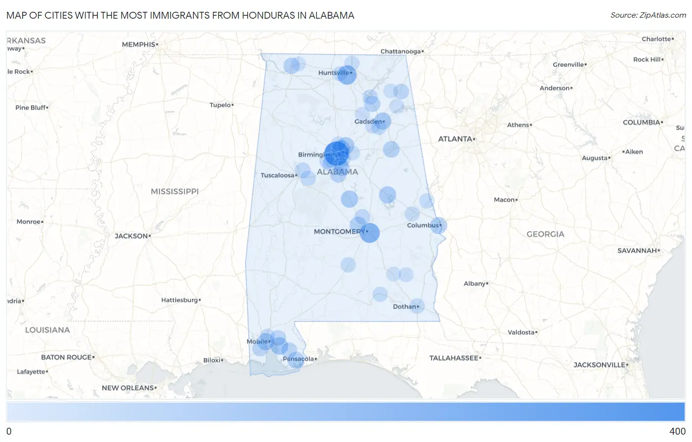 Cities with the Most Immigrants from Honduras in Alabama Map