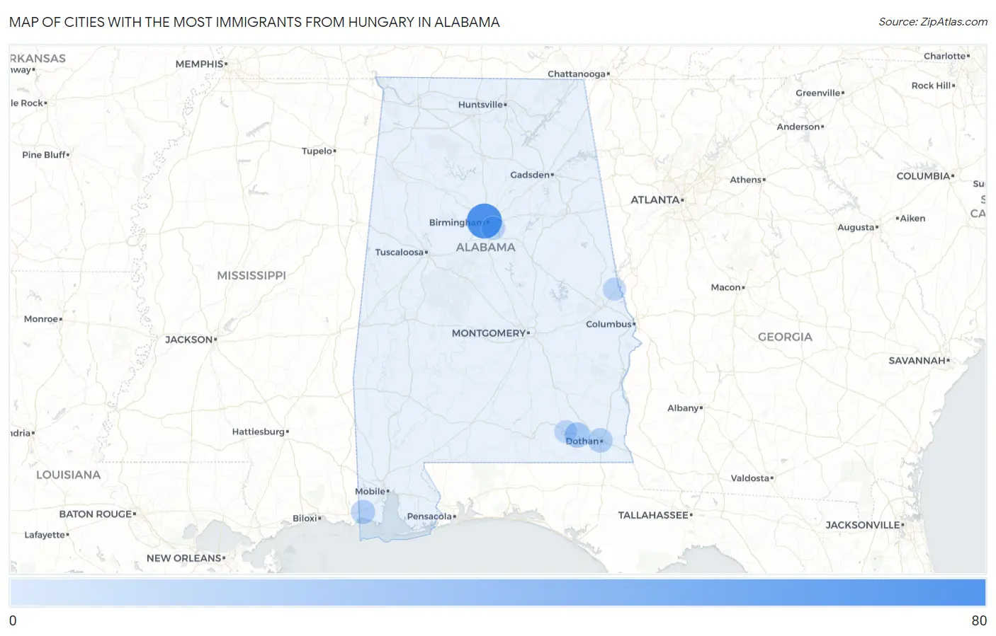 Cities with the Most Immigrants from Hungary in Alabama Map