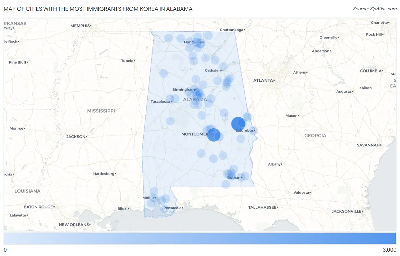 Cities with the Most Immigrants from Korea in Alabama Map
