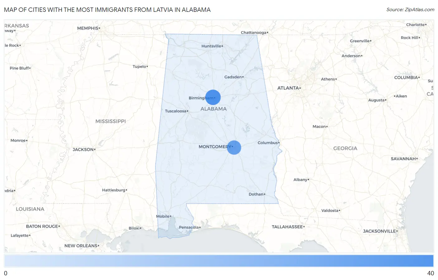 Cities with the Most Immigrants from Latvia in Alabama Map