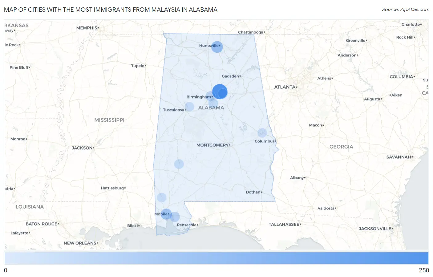 Cities with the Most Immigrants from Malaysia in Alabama Map