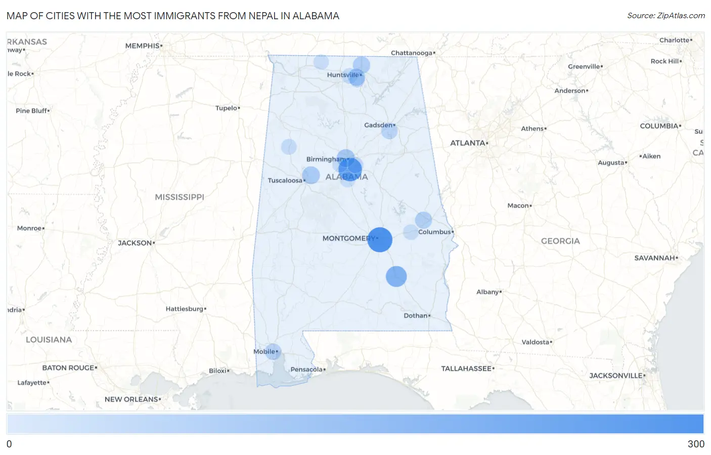 Cities with the Most Immigrants from Nepal in Alabama Map