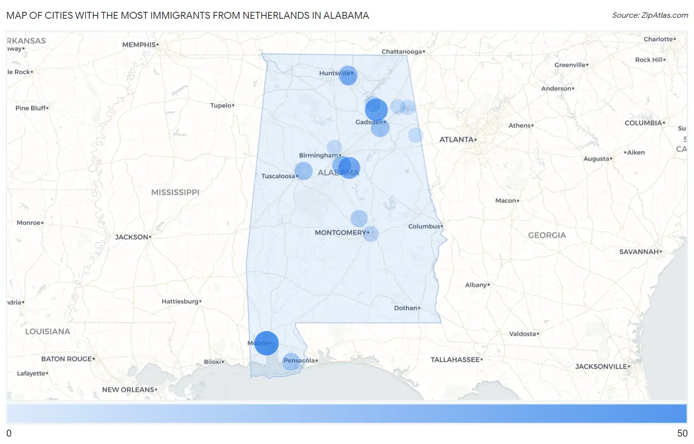 Cities with the Most Immigrants from Netherlands in Alabama Map
