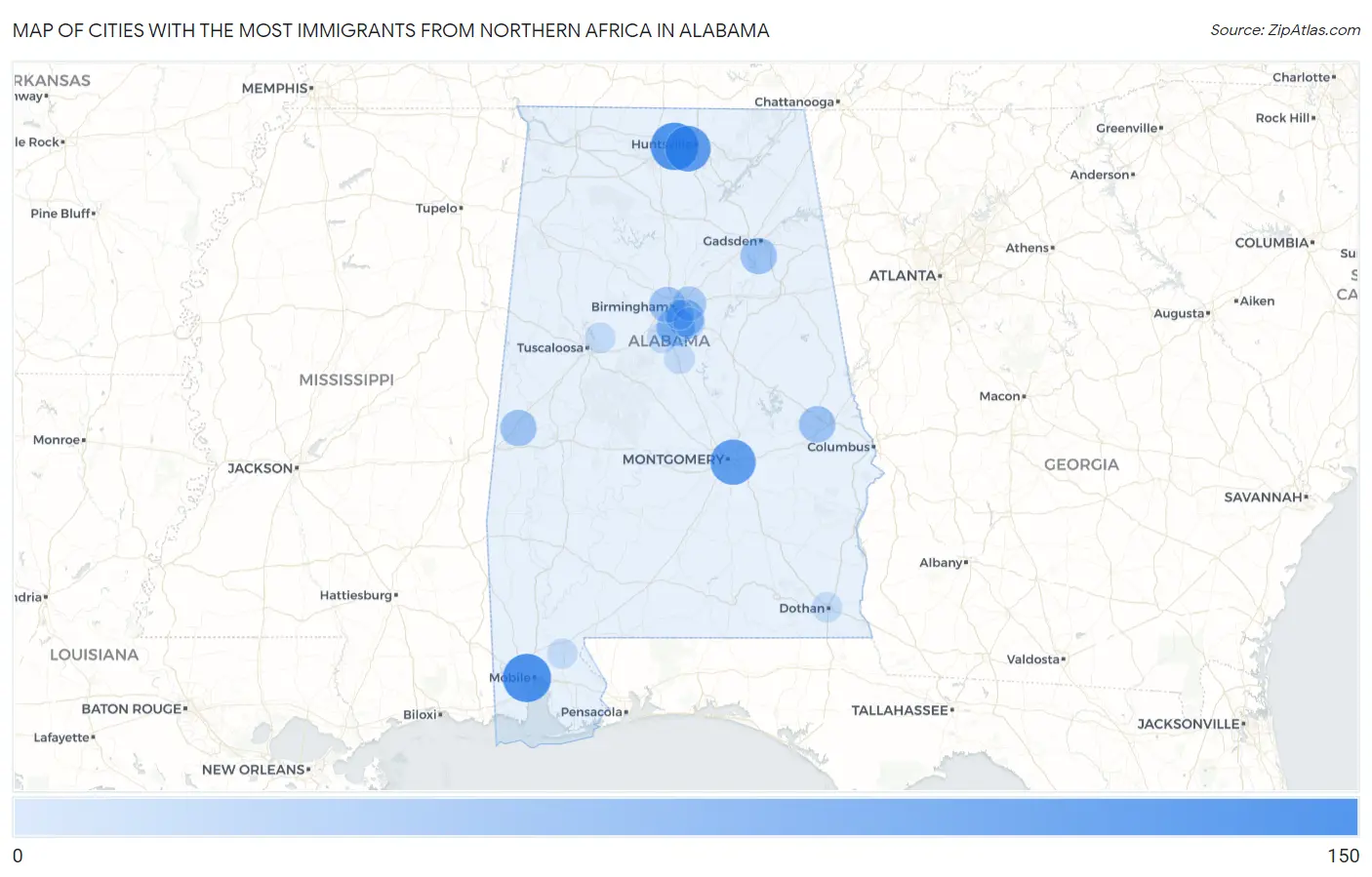 Cities with the Most Immigrants from Northern Africa in Alabama Map