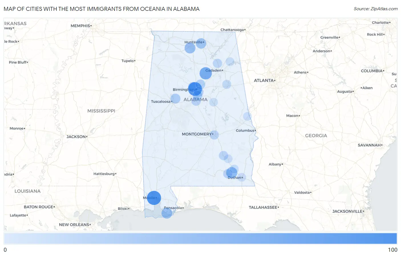 Cities with the Most Immigrants from Oceania in Alabama Map
