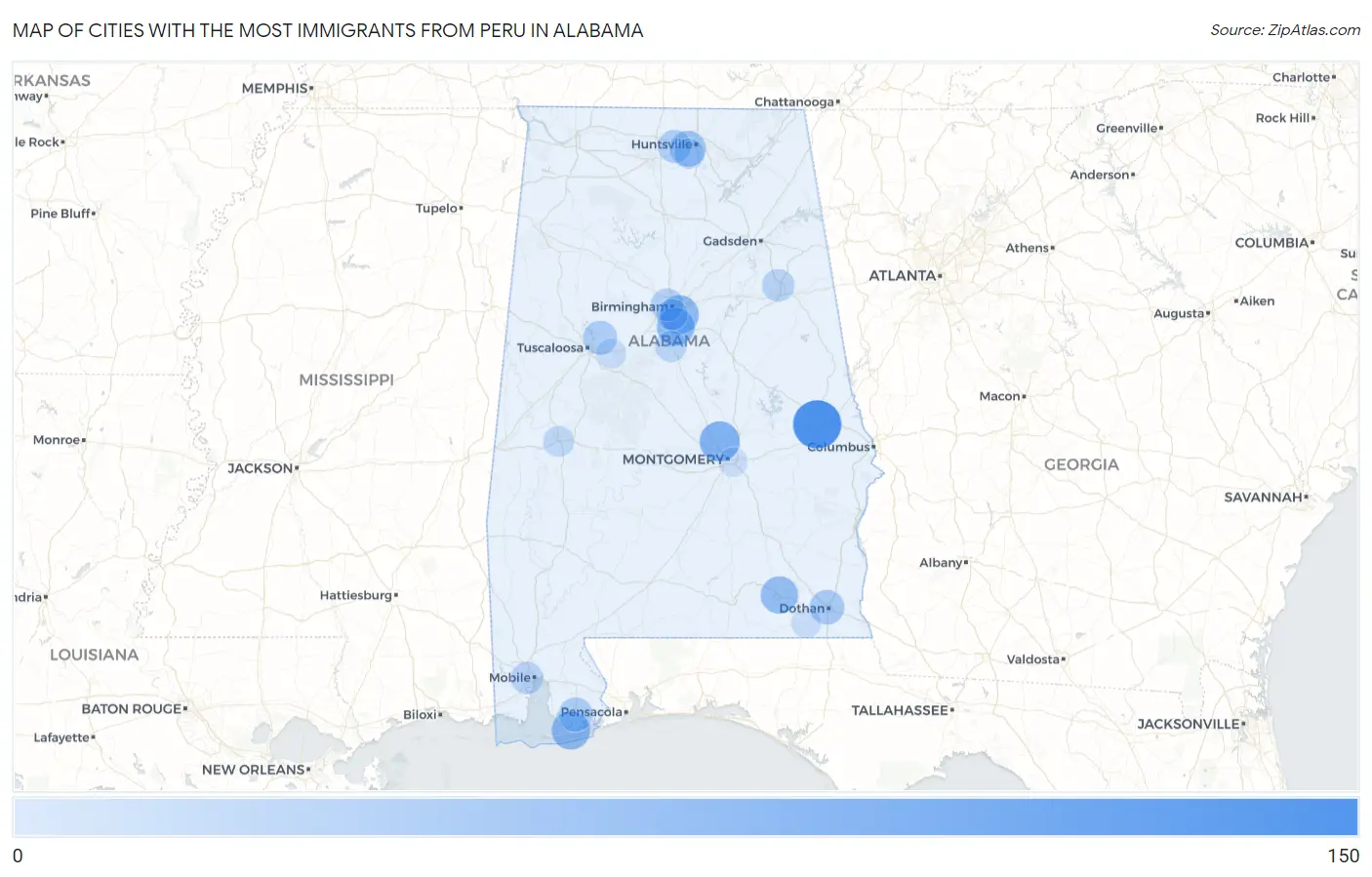 Cities with the Most Immigrants from Peru in Alabama Map