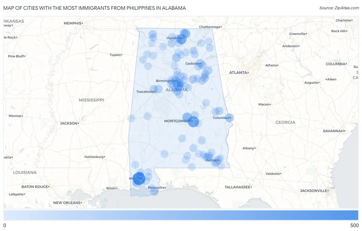 Cities with the Most Immigrants from Philippines in Alabama Map