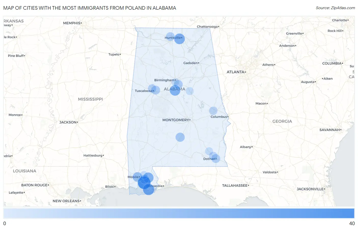 Cities with the Most Immigrants from Poland in Alabama Map