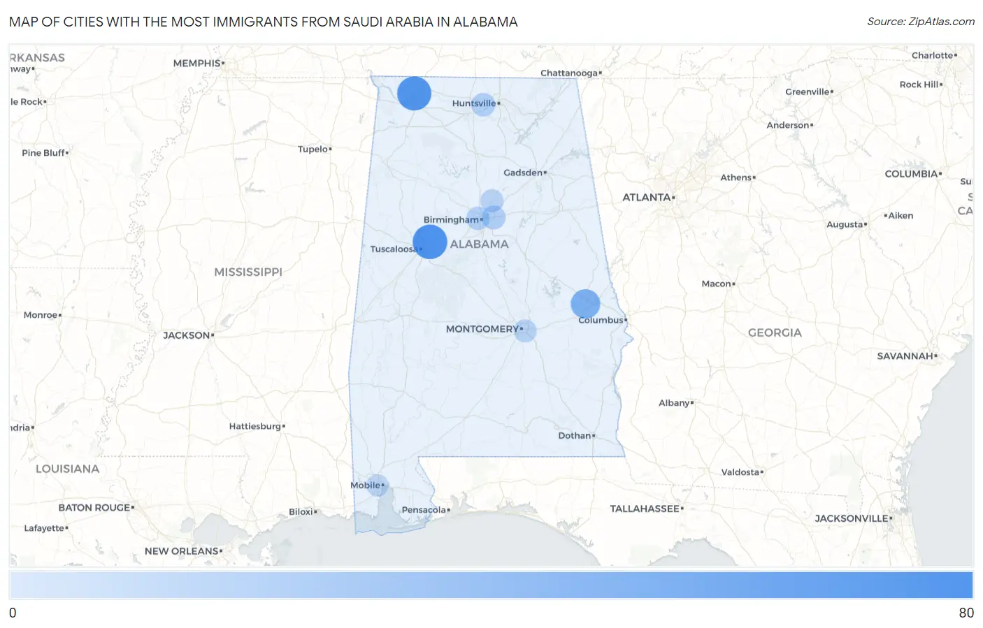 Cities with the Most Immigrants from Saudi Arabia in Alabama Map