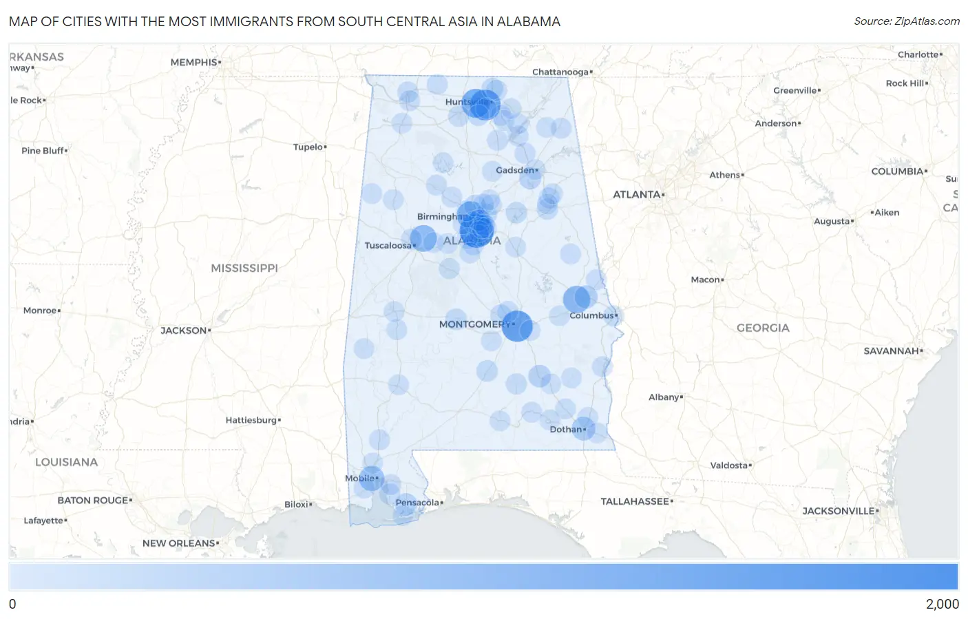 Cities with the Most Immigrants from South Central Asia in Alabama Map