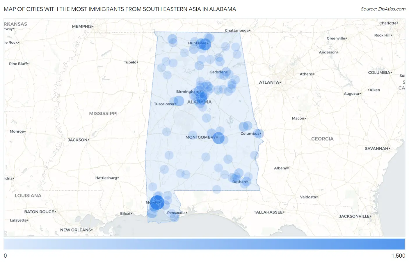 Cities with the Most Immigrants from South Eastern Asia in Alabama Map
